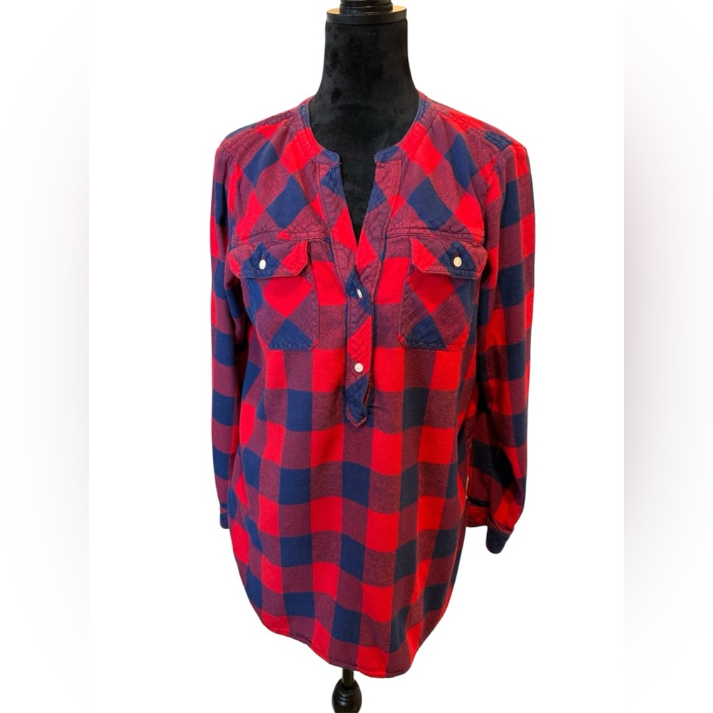 GAP Plaid Flannel Shirt Red Blue Buffalo Henley Tunic Top Shirt Size Large